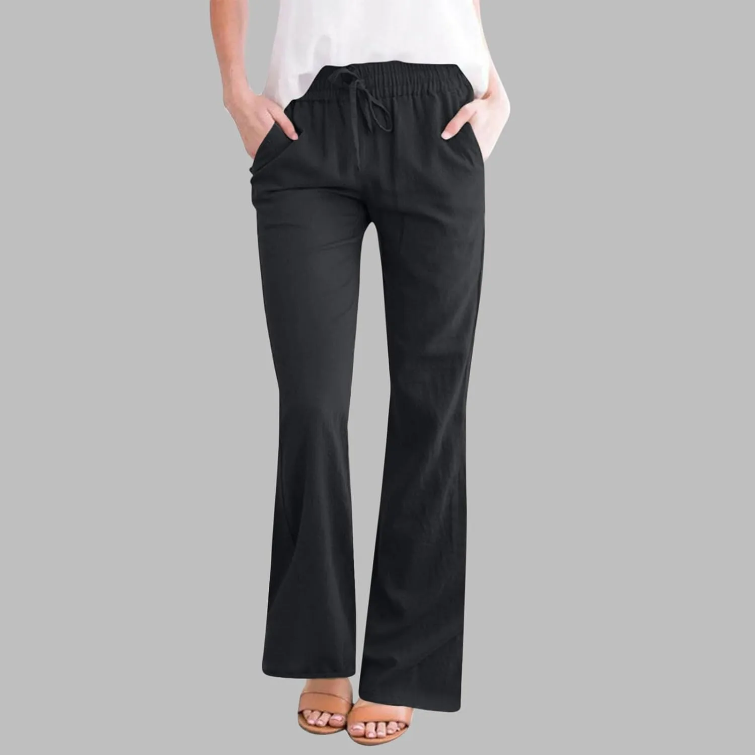 Cotton Linen Pants Women Summer Drawstring Plus Size Linen Pants for Women Casual Baggy High Waisted Pants Trousers