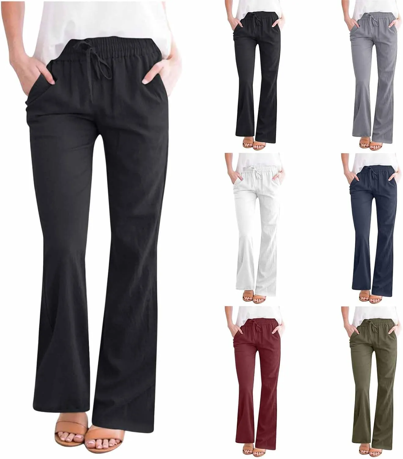 Cotton Linen Pants Women Summer Drawstring Plus Size Linen Pants for Women Casual Baggy High Waisted Pants Trousers