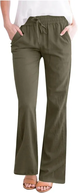 Cotton Linen Pants Women Summer Drawstring Plus Size Linen Pants for Women Casual Baggy High Waisted Pants Trousers