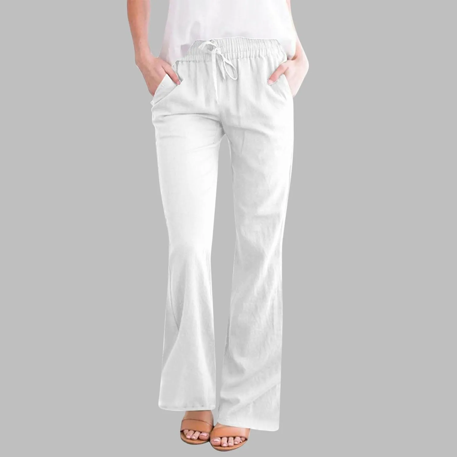 Cotton Linen Pants Women Summer Drawstring Plus Size Linen Pants for Women Casual Baggy High Waisted Pants Trousers