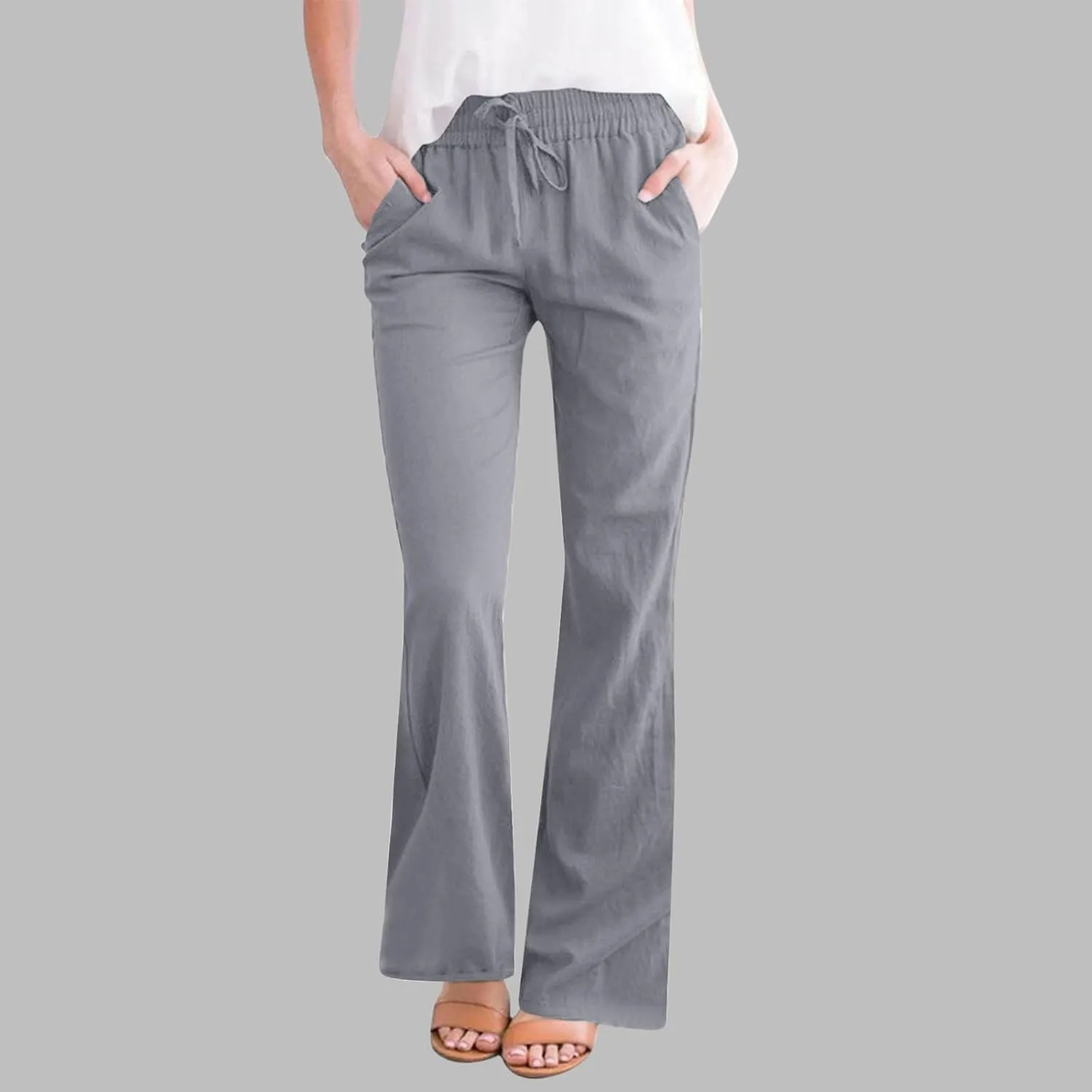 Cotton Linen Pants Women Summer Drawstring Plus Size Linen Pants for Women Casual Baggy High Waisted Pants Trousers