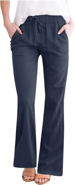 Cotton Linen Pants Women Summer Drawstring Plus Size Linen Pants for Women Casual Baggy High Waisted Pants Trousers