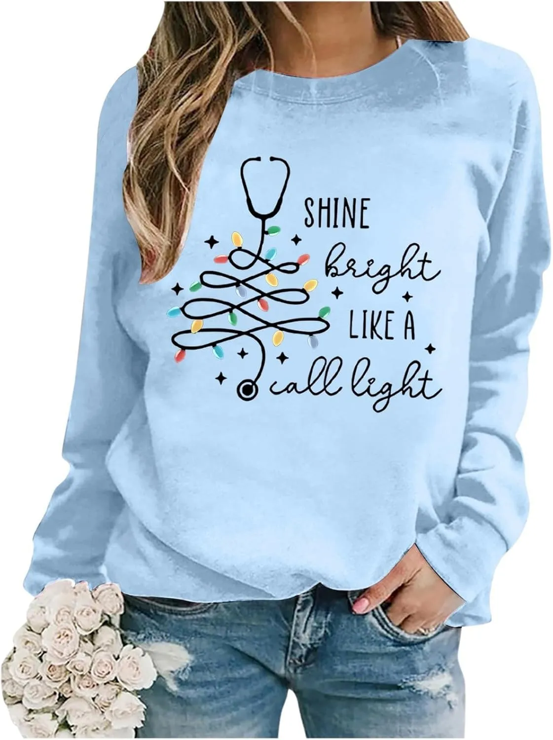Crewneck Hoodies for Women Christmas Printed Sweatshirts Trendy Loose Pullover Long Sleeve Tops Oversized Clothes