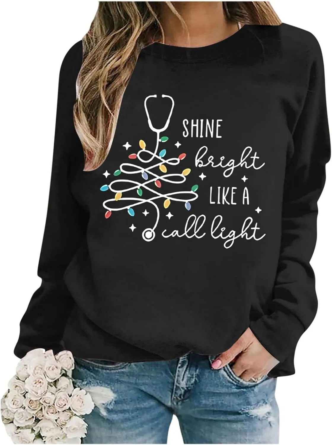 Crewneck Hoodies for Women Christmas Printed Sweatshirts Trendy Loose Pullover Long Sleeve Tops Oversized Clothes