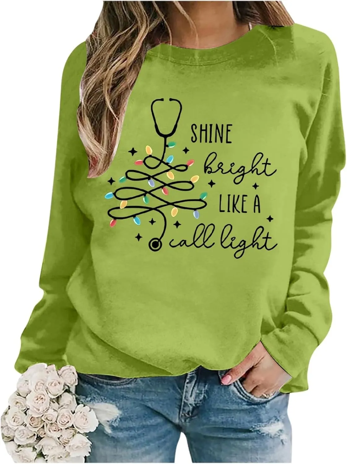 Crewneck Hoodies for Women Christmas Printed Sweatshirts Trendy Loose Pullover Long Sleeve Tops Oversized Clothes