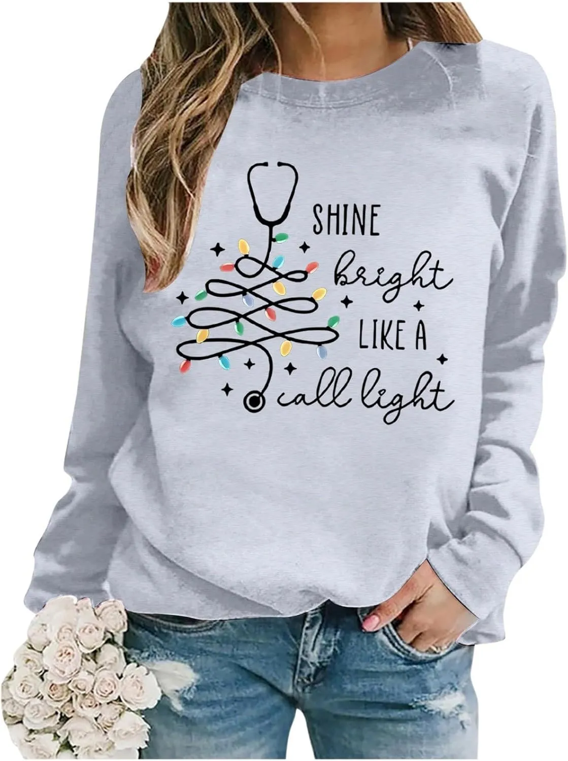 Crewneck Hoodies for Women Christmas Printed Sweatshirts Trendy Loose Pullover Long Sleeve Tops Oversized Clothes