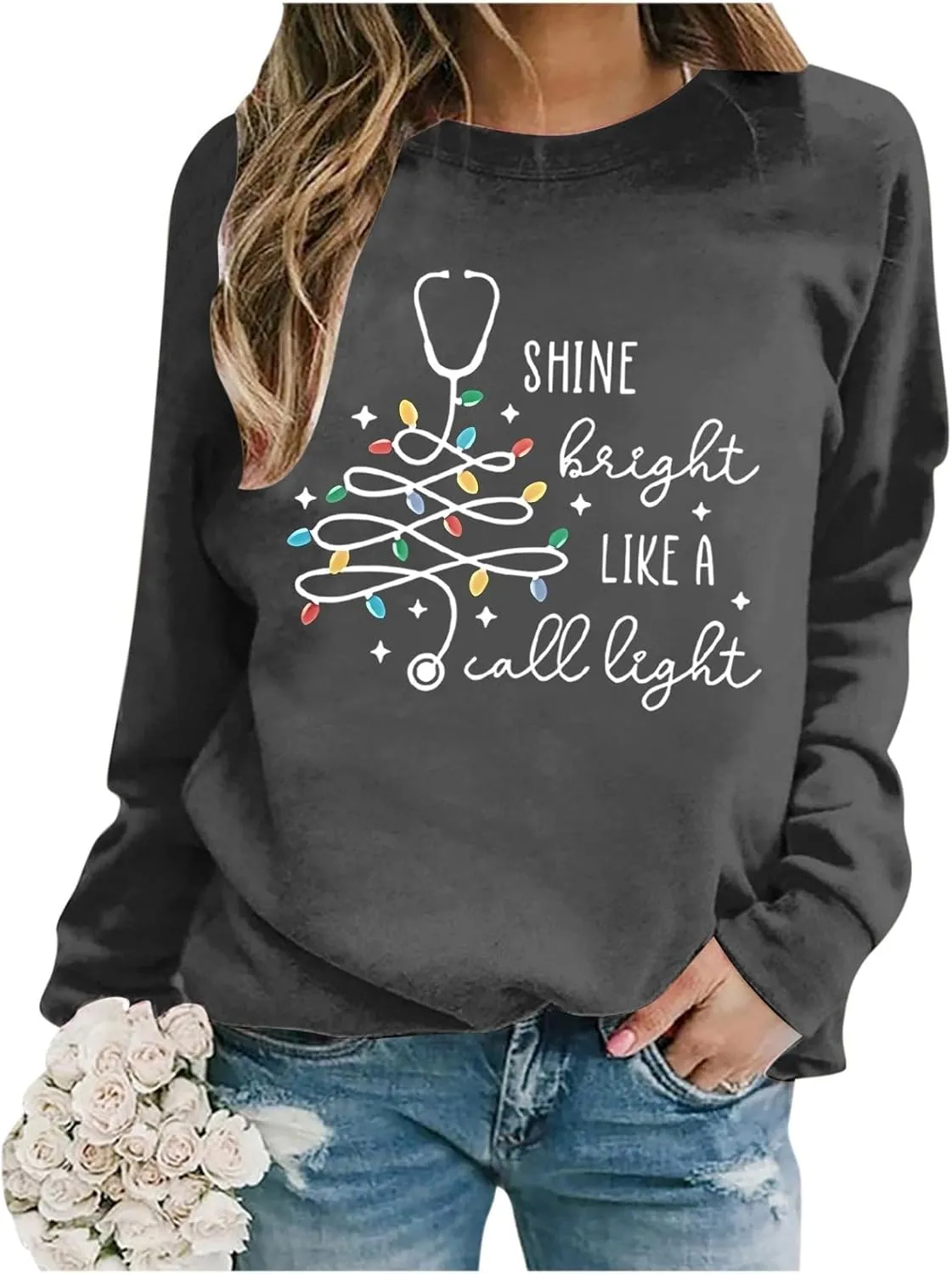 Crewneck Hoodies for Women Christmas Printed Sweatshirts Trendy Loose Pullover Long Sleeve Tops Oversized Clothes
