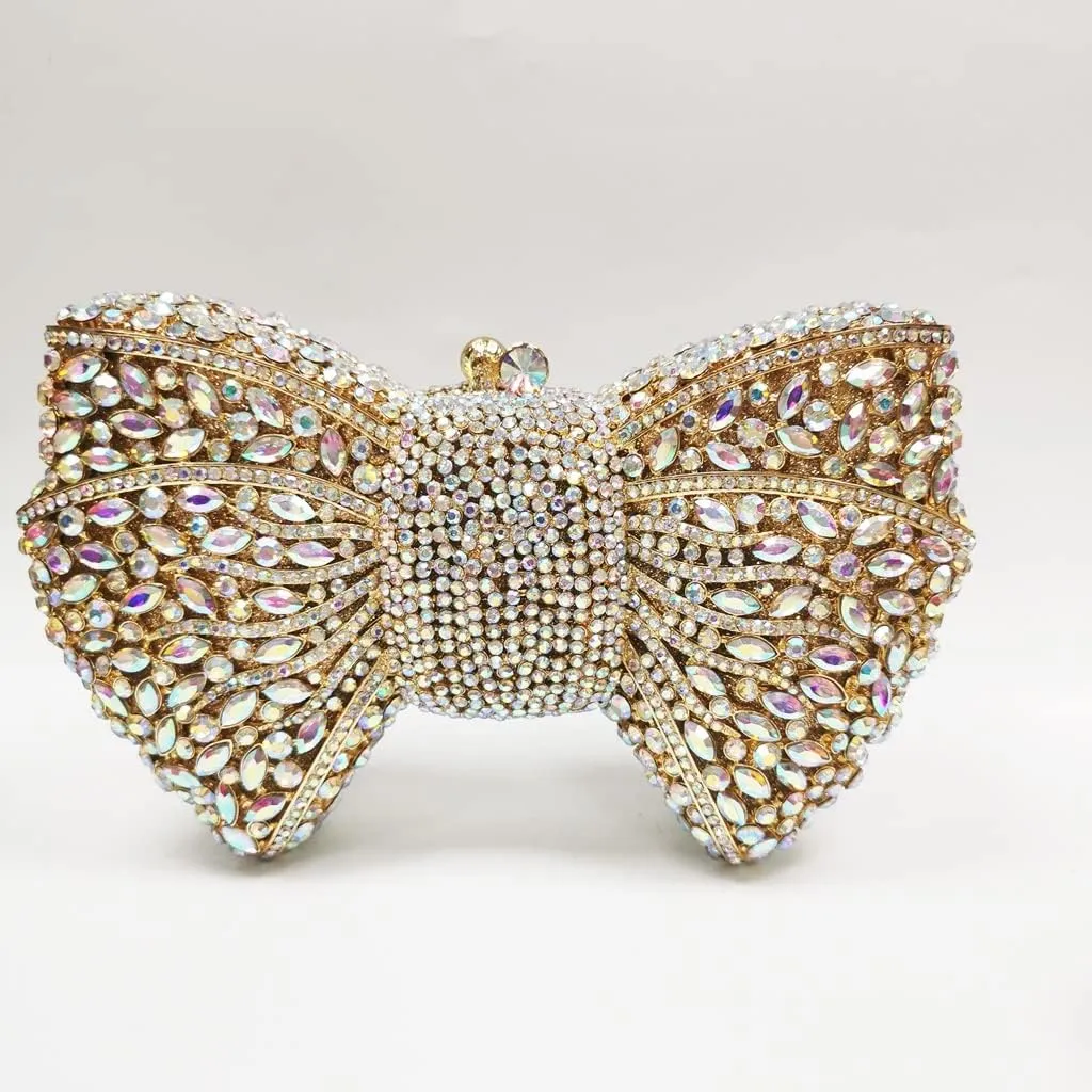 Crystal Evening Bag Silver Metal Wedding Purse Rhinestone Bow Clutches Women Dinner Handbags Party Purses