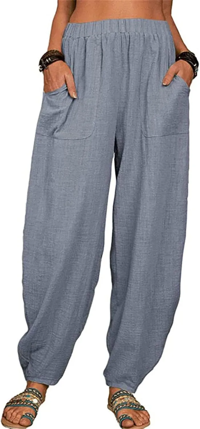 DGHM-JLMY Women's Loose Cotton Linen Harem Pants Fashion Solid Baggy Casual Pants High Waist Yoga Boho Trousers with Pockets