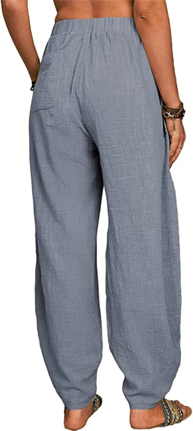 DGHM-JLMY Women's Loose Cotton Linen Harem Pants Fashion Solid Baggy Casual Pants High Waist Yoga Boho Trousers with Pockets