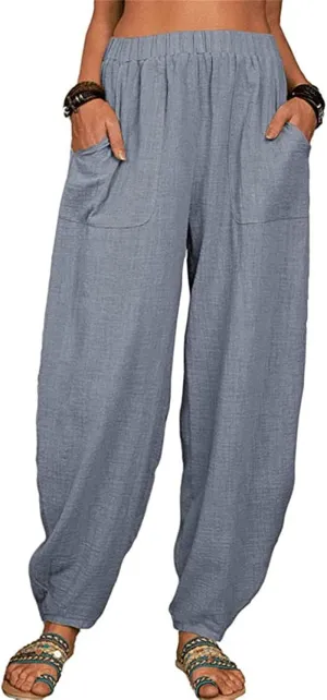 DGHM-JLMY Women's Loose Cotton Linen Harem Pants Fashion Solid Baggy Casual Pants High Waist Yoga Boho Trousers with Pockets