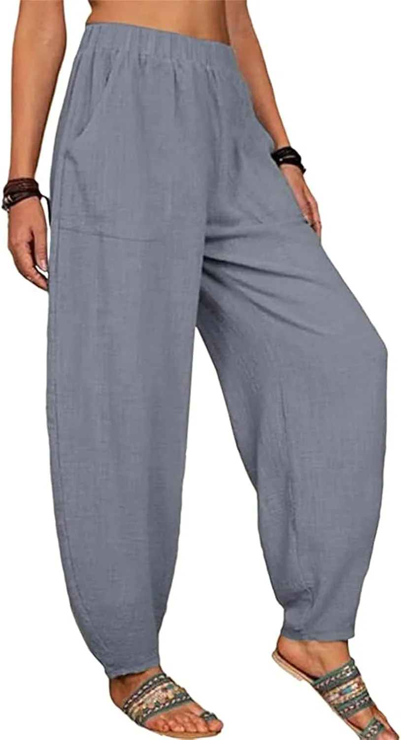 DGHM-JLMY Women's Loose Cotton Linen Harem Pants Fashion Solid Baggy Casual Pants High Waist Yoga Boho Trousers with Pockets