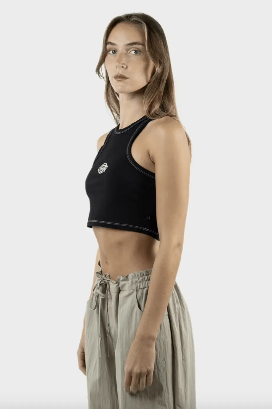 DICKIES LOGO RACER FRONT CROP TANK - BLACK