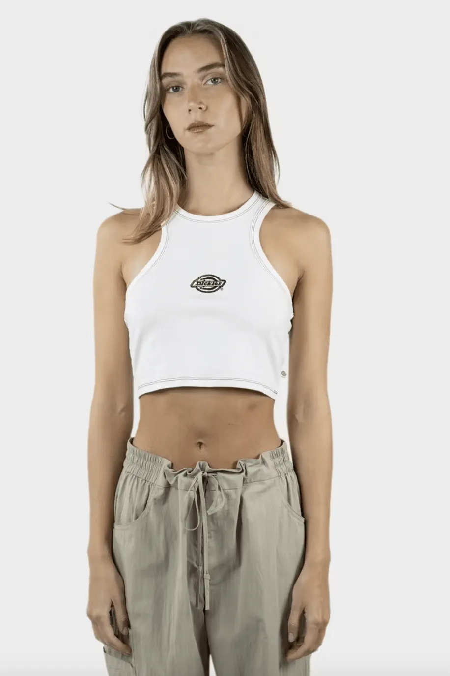 DICKIES LOGO RACER FRONT CROP TANK - WHITE