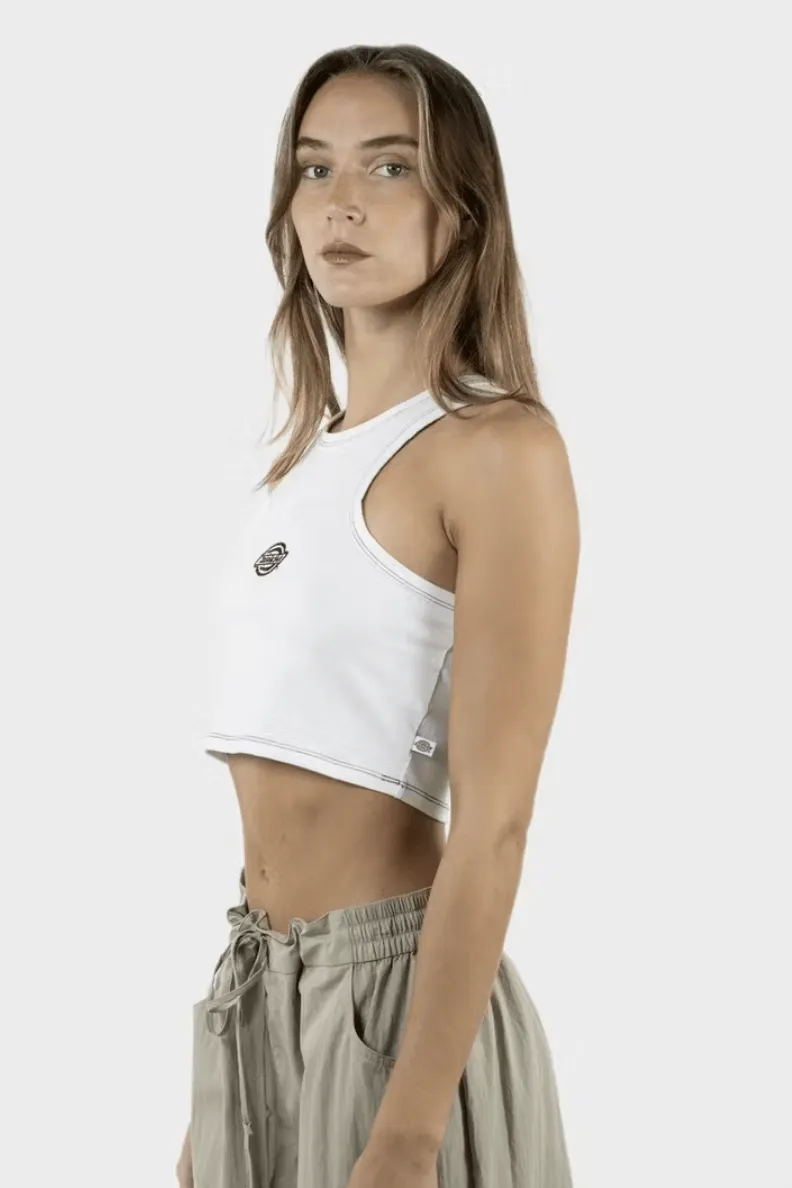 DICKIES LOGO RACER FRONT CROP TANK - WHITE