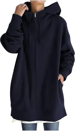 DOLKFU Womens Drawstring Long Hoodie Dress Zip Up Pullover Hooded Sweatshirts Casual Clothes Oversized Y2K Winter Tops