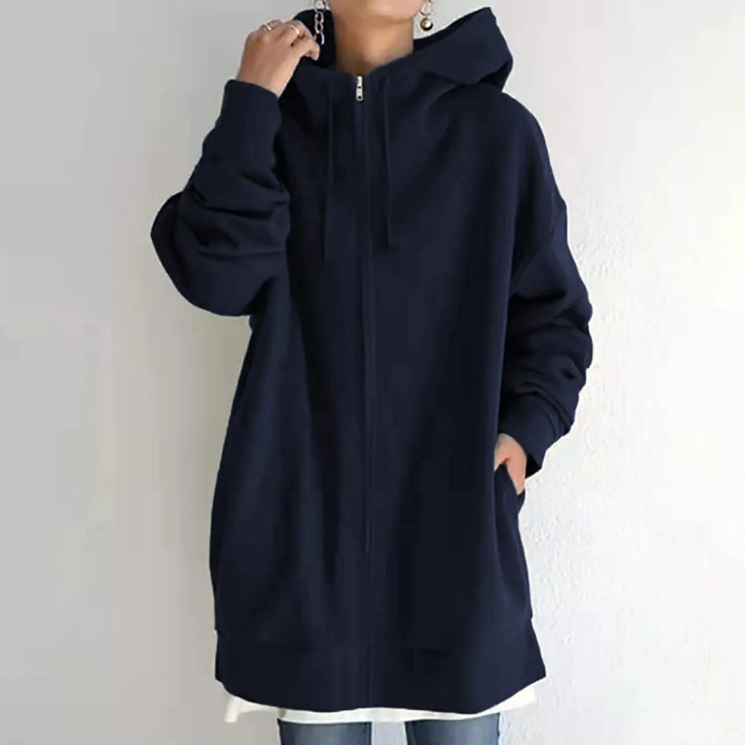 DOLKFU Womens Drawstring Long Hoodie Dress Zip Up Pullover Hooded Sweatshirts Casual Clothes Oversized Y2K Winter Tops