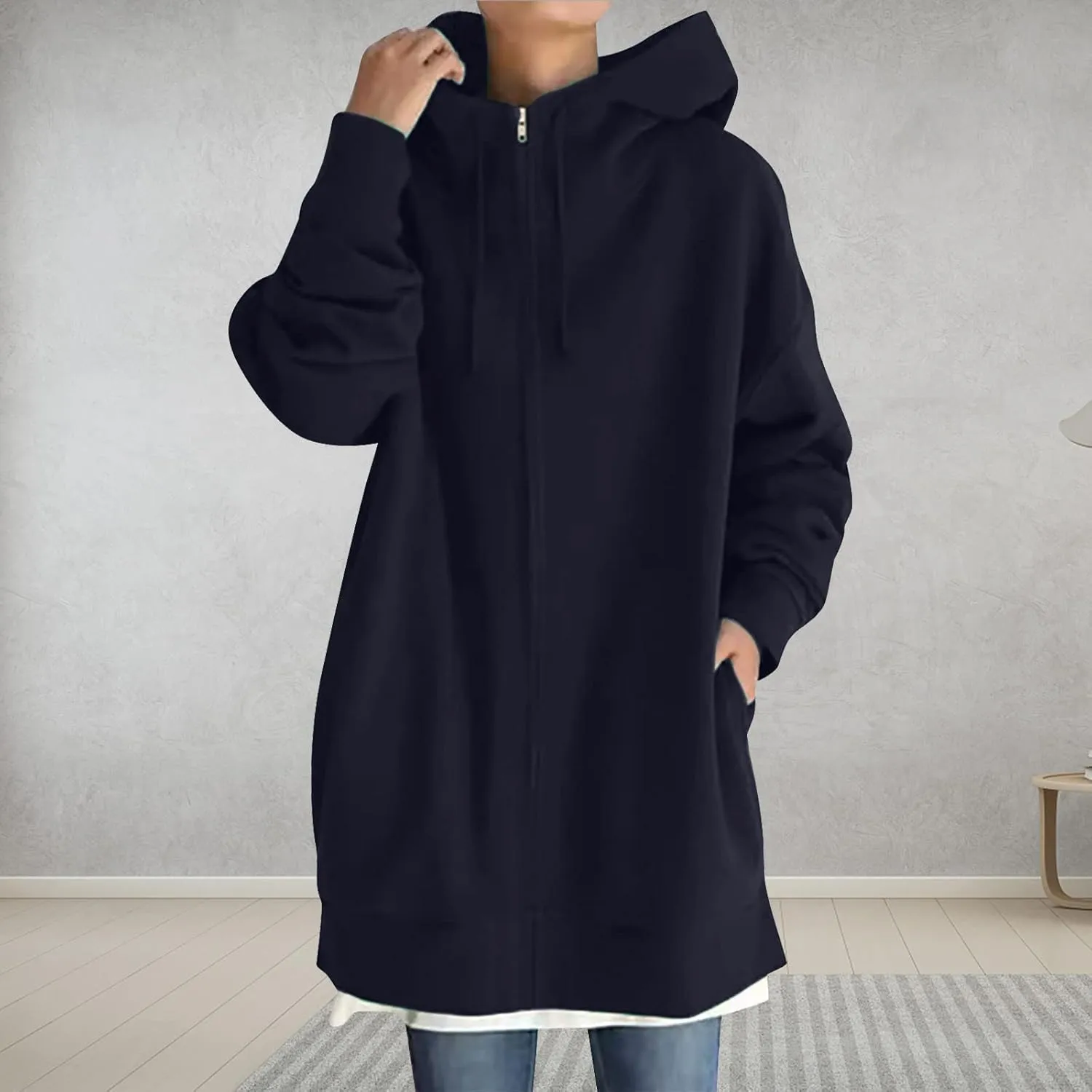 DOLKFU Womens Drawstring Long Hoodie Dress Zip Up Pullover Hooded Sweatshirts Casual Clothes Oversized Y2K Winter Tops