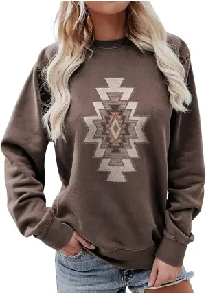 DOLKFU Women's Western Aztec Sweatshirt Long Sleeve Hoodie Pullover Vintage Tops Sweater Ethnic Graphic Fall 2022 Tees Tops