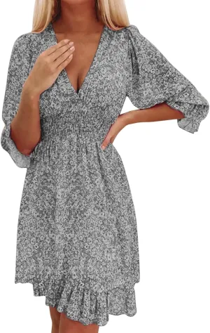 Dresses for Women Floral Midi Dress A-line Skirt Prom Dresses Deep V-Neck Flowy Wedding Guest Dress Beach Sundress