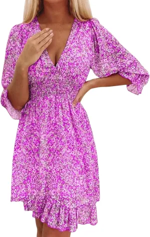 Dresses for Women Floral Midi Dress A-line Skirt Prom Dresses Deep V-Neck Flowy Wedding Guest Dress Beach Sundress