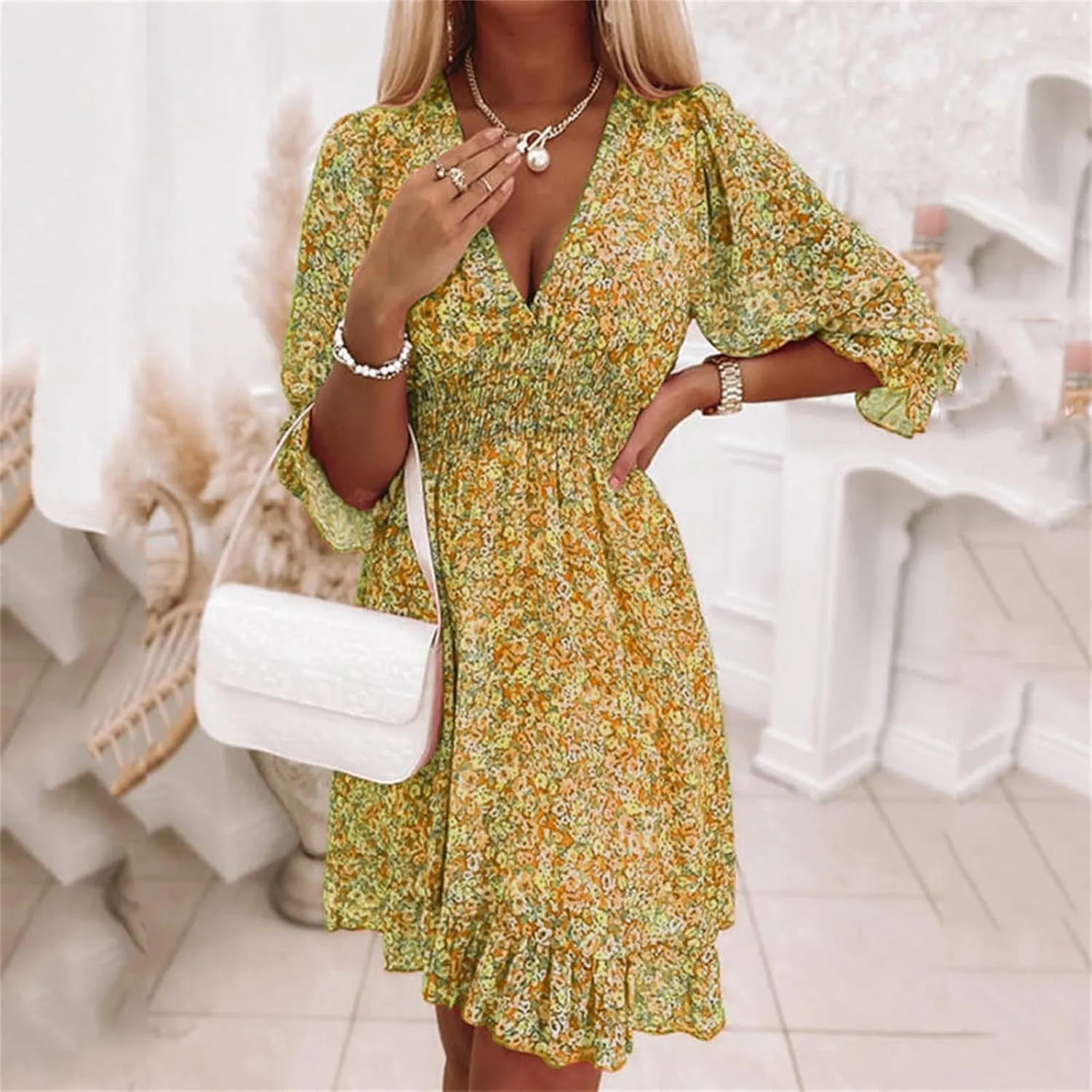 Dresses for Women Floral Midi Dress A-line Skirt Prom Dresses Deep V-Neck Flowy Wedding Guest Dress Beach Sundress
