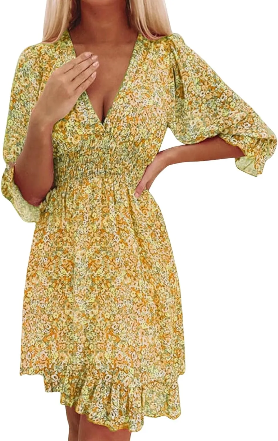 Dresses for Women Floral Midi Dress A-line Skirt Prom Dresses Deep V-Neck Flowy Wedding Guest Dress Beach Sundress