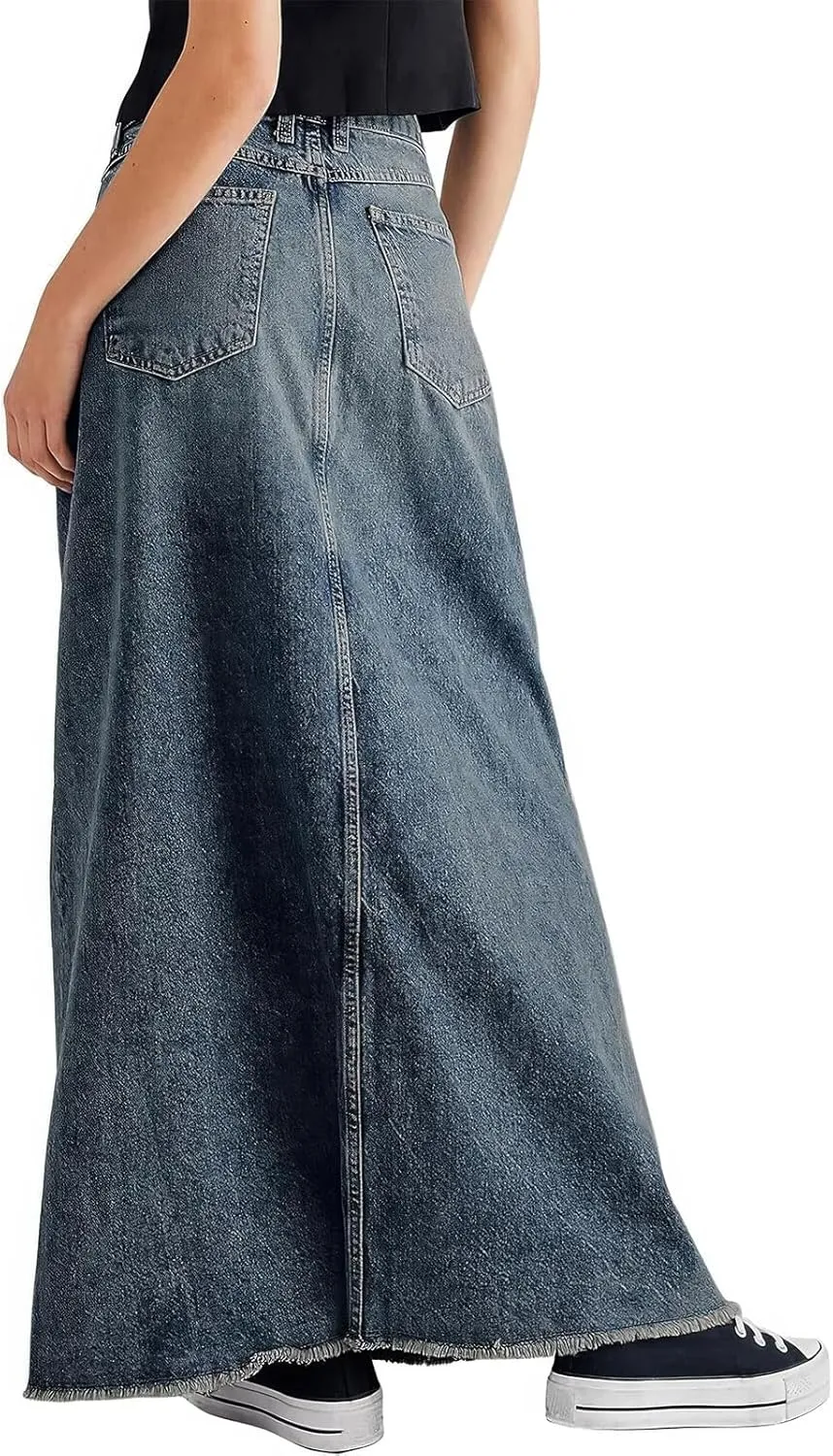 ebossy Women's Retro Distressed High Waist Frayed Raw Hem A Line Maxi Long Denim Skirt