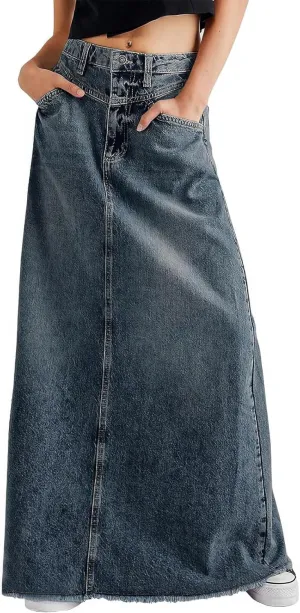 ebossy Women's Retro Distressed High Waist Frayed Raw Hem A Line Maxi Long Denim Skirt