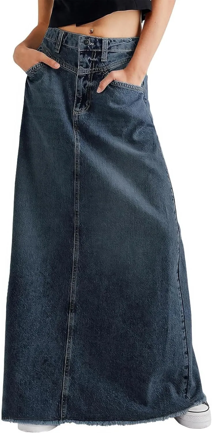 ebossy Women's Retro Distressed High Waist Frayed Raw Hem A Line Maxi Long Denim Skirt