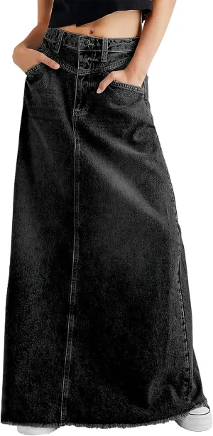 ebossy Women's Retro Distressed High Waist Frayed Raw Hem A Line Maxi Long Denim Skirt