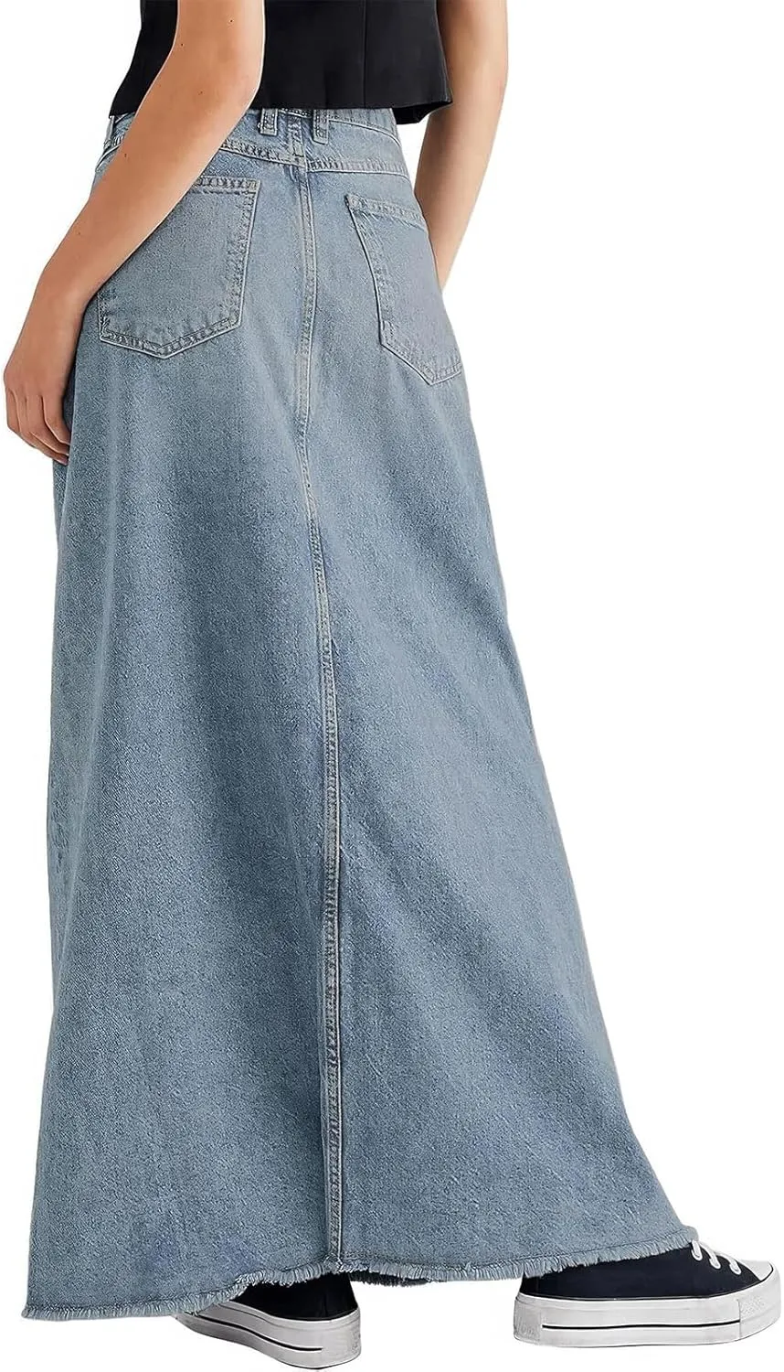 ebossy Women's Retro Distressed High Waist Frayed Raw Hem A Line Maxi Long Denim Skirt