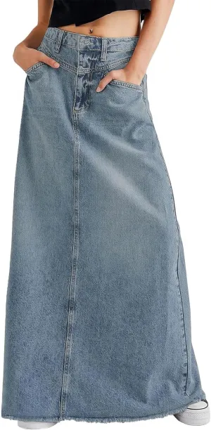 ebossy Women's Retro Distressed High Waist Frayed Raw Hem A Line Maxi Long Denim Skirt