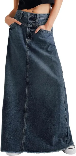 ebossy Women's Retro Distressed High Waist Frayed Raw Hem A Line Maxi Long Denim Skirt