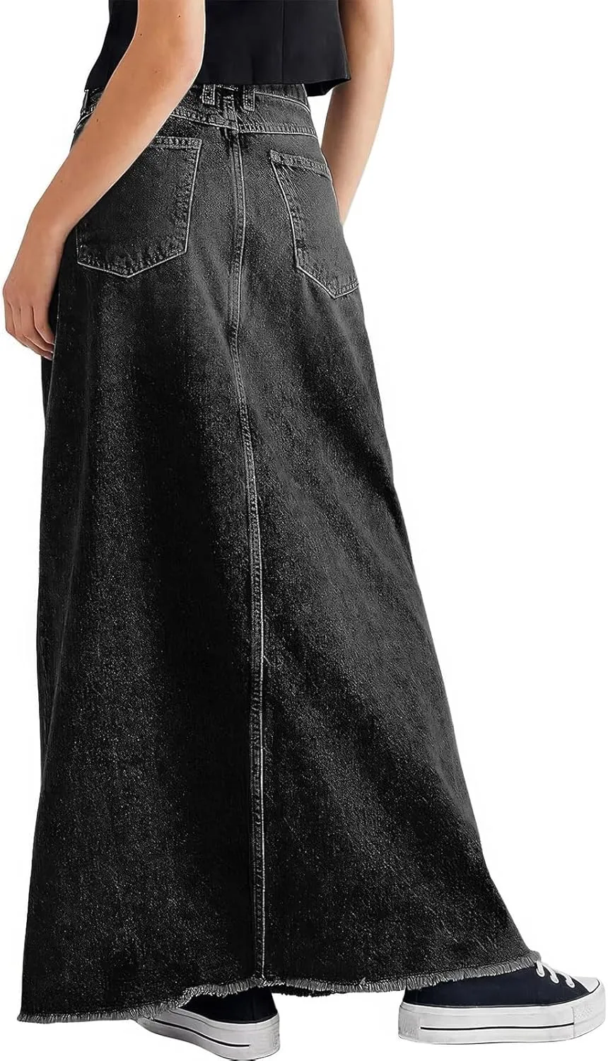 ebossy Women's Retro Distressed High Waist Frayed Raw Hem A Line Maxi Long Denim Skirt