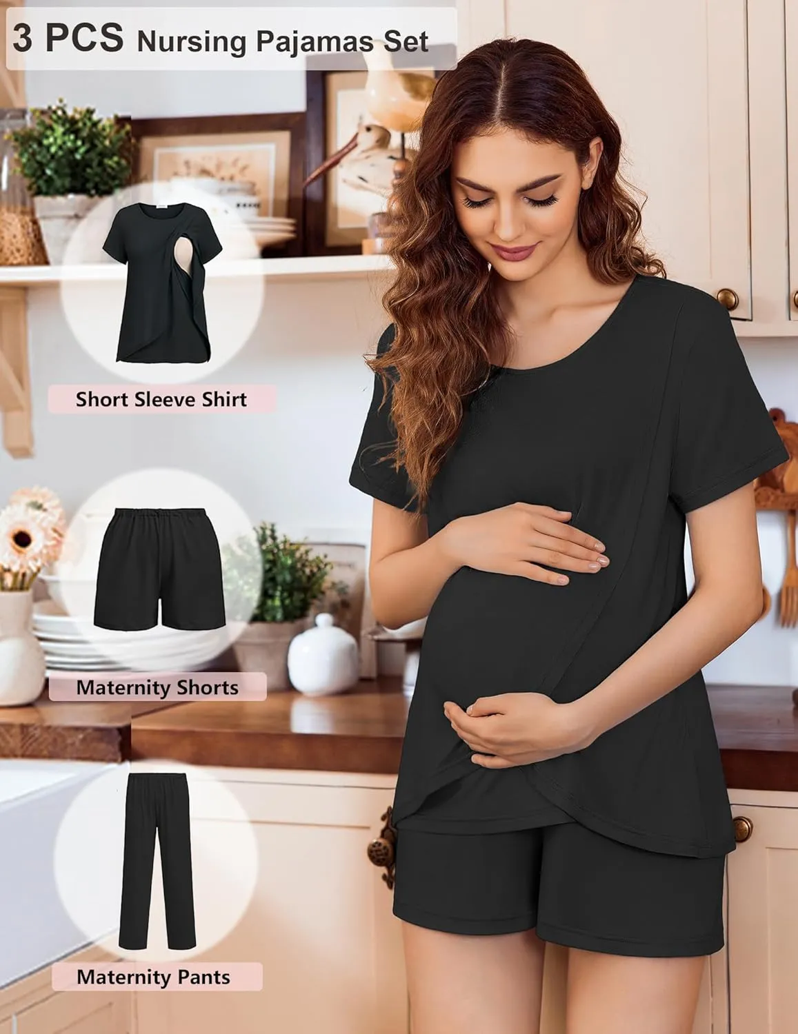 Ekouaer 3 PCS Maternity Nursing Pajamas Set Postpartum Breastfeeding Short Sleeve Shirts, Pregnancy Shorts & Pants Pjs S-XXL