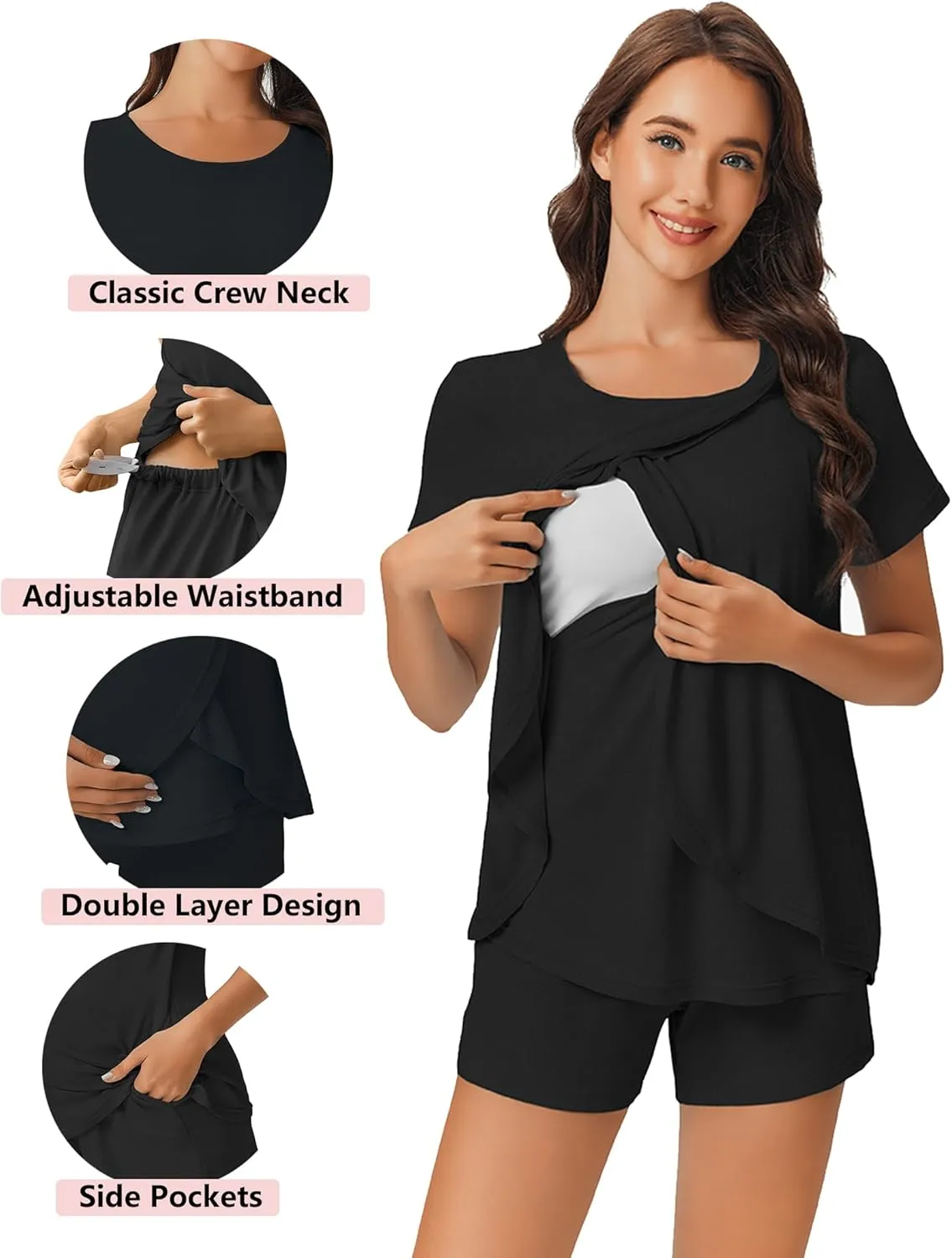 Ekouaer 3 PCS Maternity Nursing Pajamas Set Postpartum Breastfeeding Short Sleeve Shirts, Pregnancy Shorts & Pants Pjs S-XXL