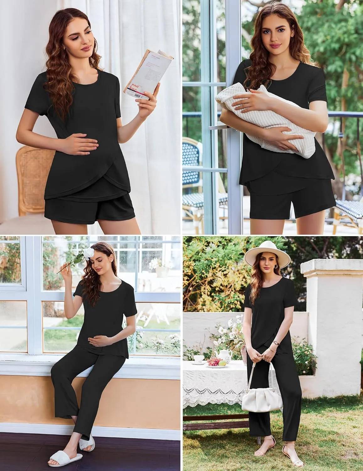 Ekouaer 3 PCS Maternity Nursing Pajamas Set Postpartum Breastfeeding Short Sleeve Shirts, Pregnancy Shorts & Pants Pjs S-XXL