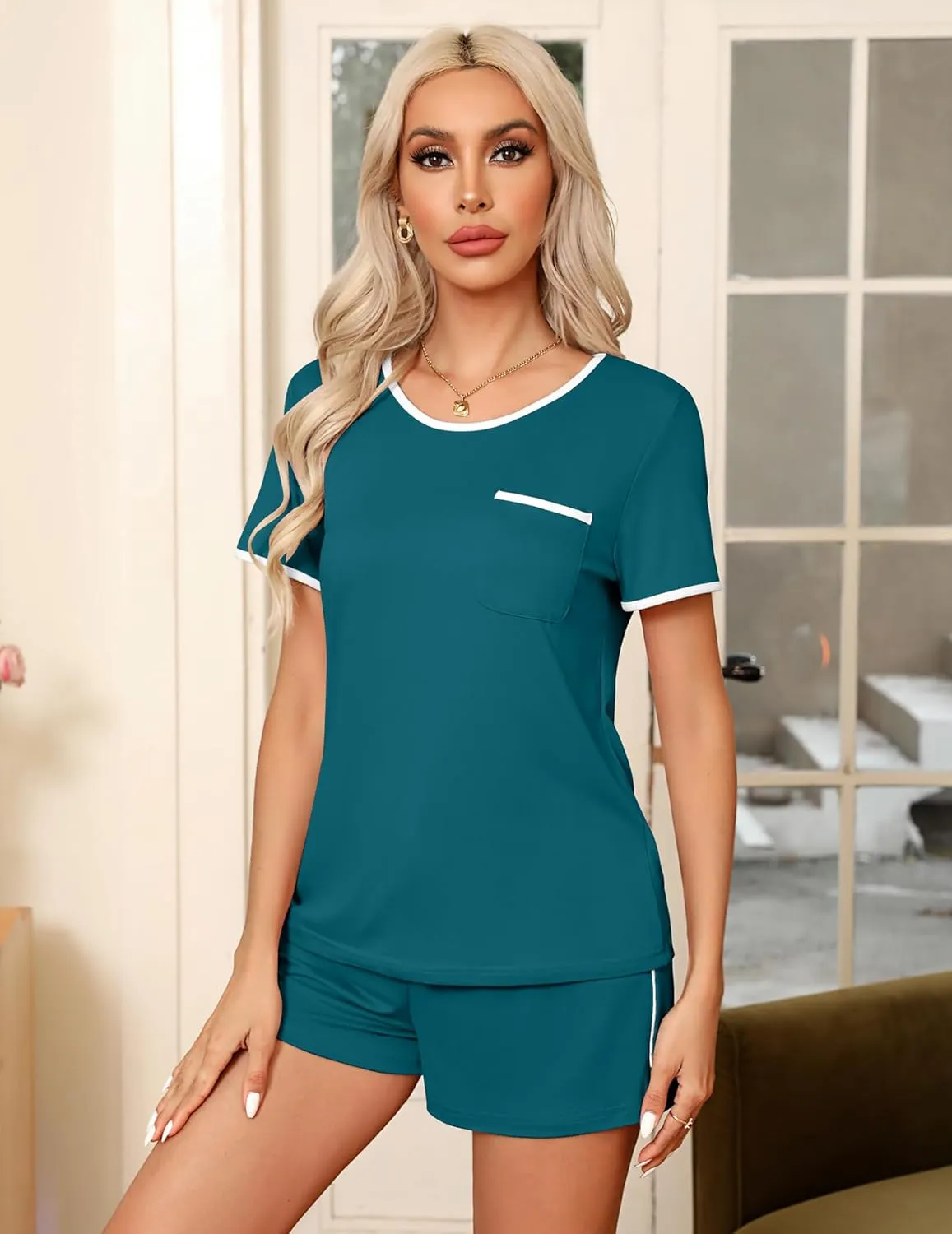 Ekouaer Pajama Set for Women 2 Piece Lounge Set Short Sleeve Tops and Shorts Soft Sleepwear, Chest Pocket