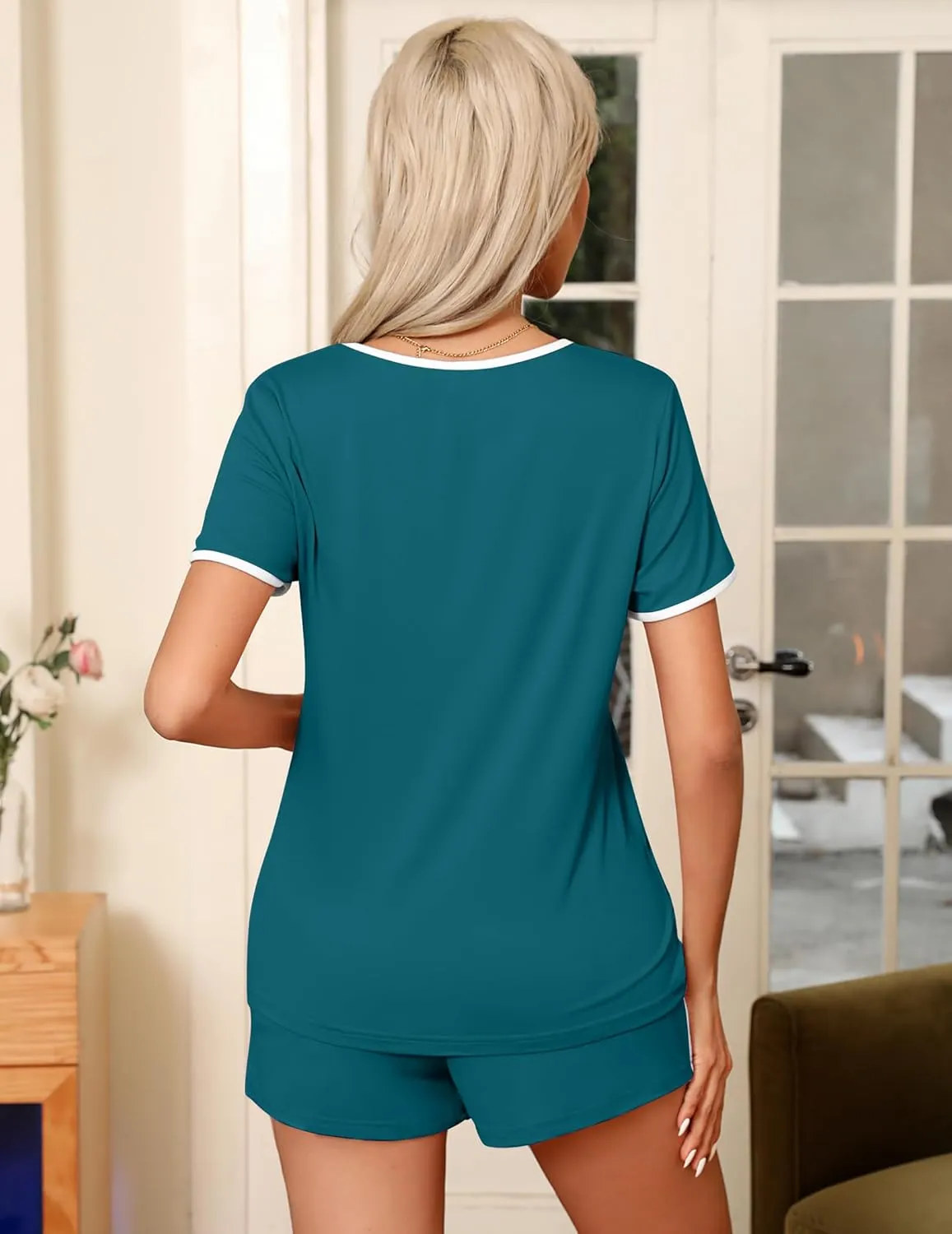 Ekouaer Pajama Set for Women 2 Piece Lounge Set Short Sleeve Tops and Shorts Soft Sleepwear, Chest Pocket