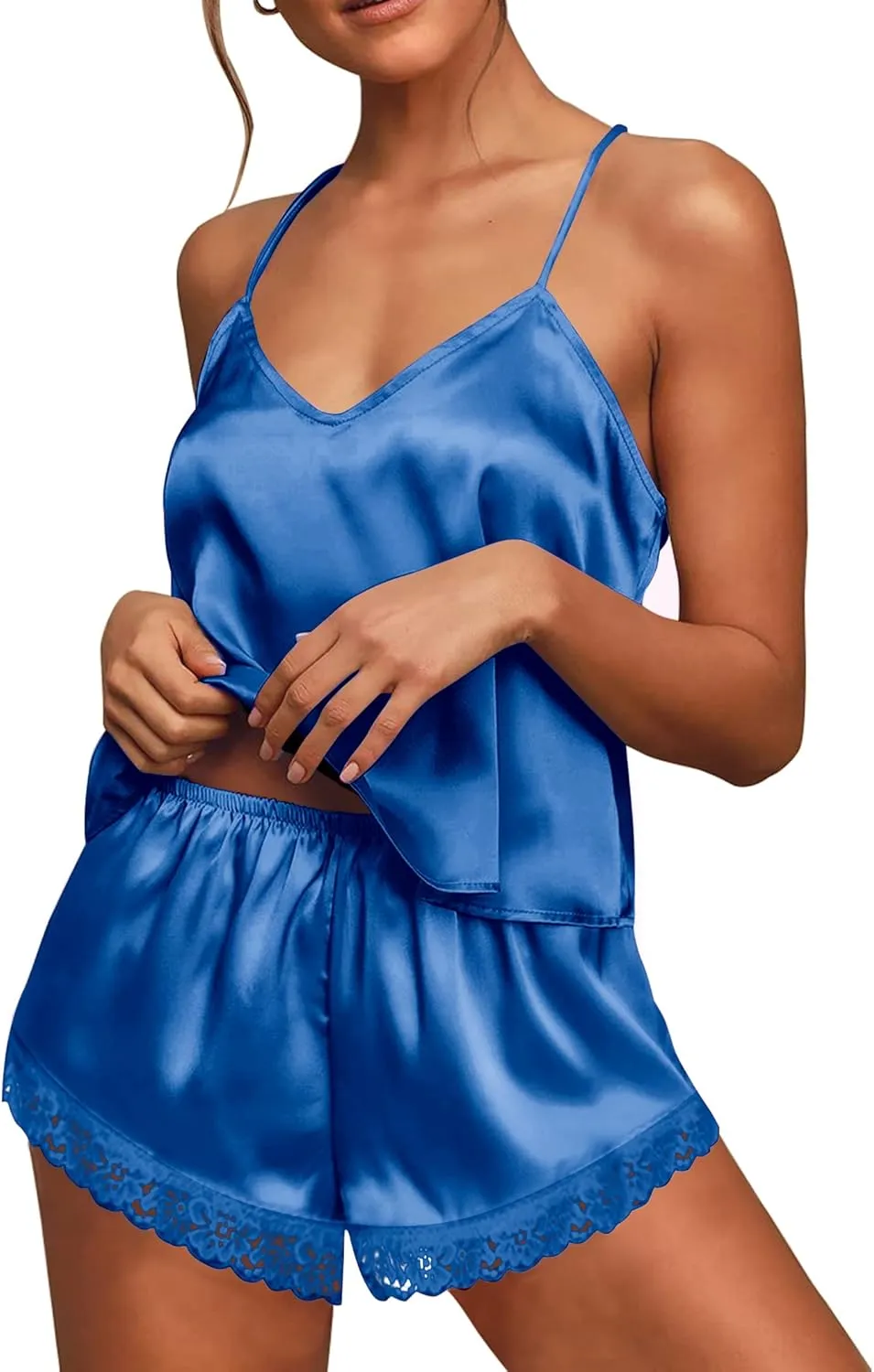 Ekouaer Satin Pajamas Women Lace Sleepwear Lingerie Cami Shorts Set Nightwear XS-XXL