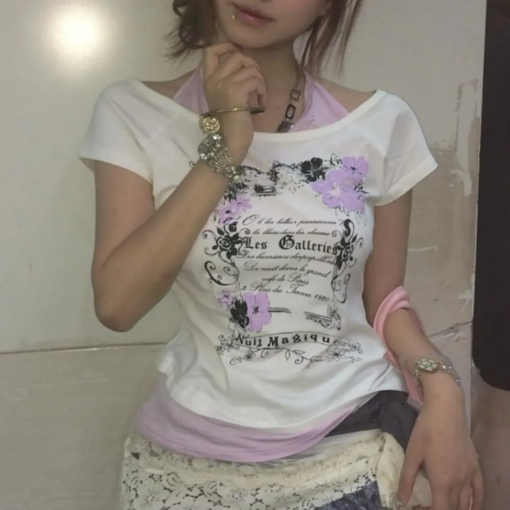 Emo Grunge Shirts Women 2000s Graphic Baby Tees Short Sleeve Vintage Y2k Crop Tops Fake Two Piece Alt Clothes