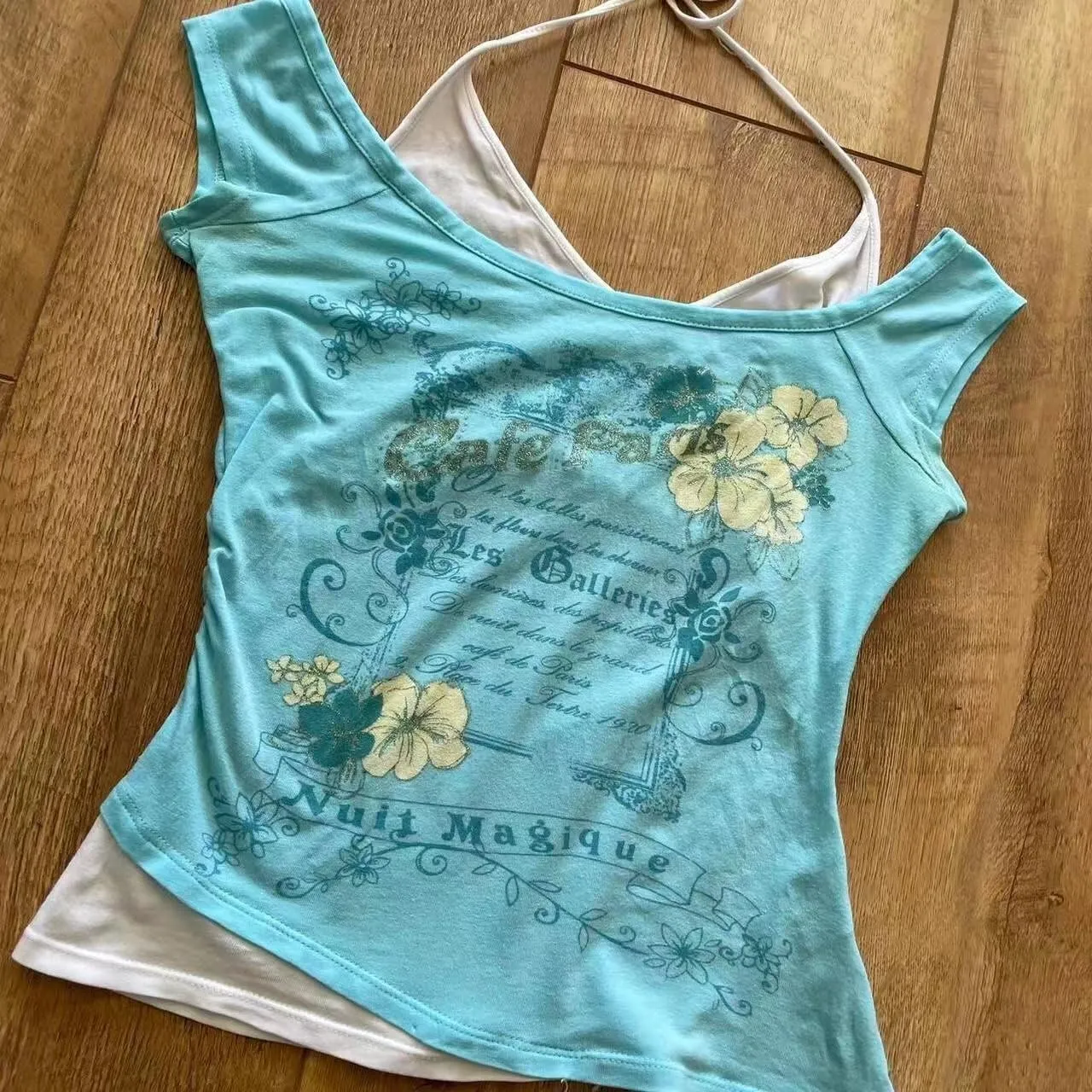 Emo Grunge Shirts Women 2000s Graphic Baby Tees Short Sleeve Vintage Y2k Crop Tops Fake Two Piece Alt Clothes