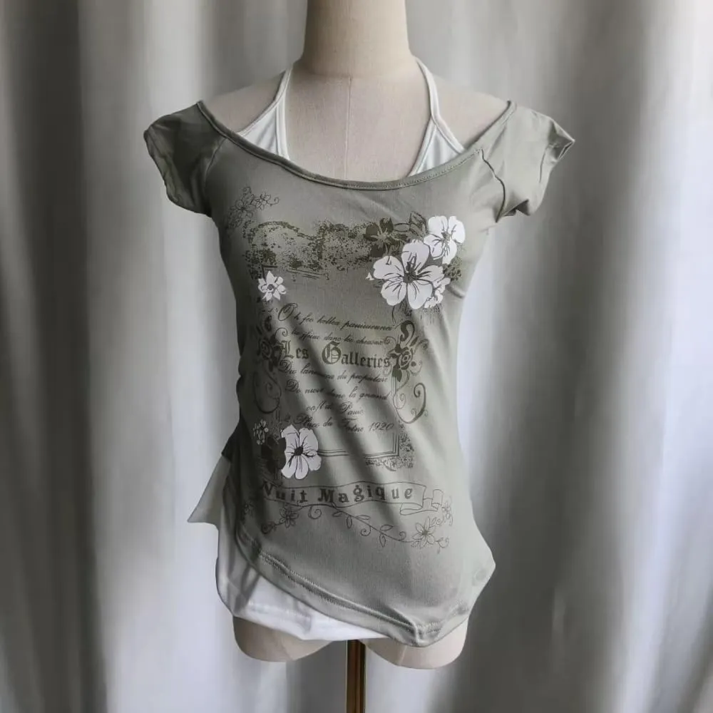 Emo Grunge Shirts Women 2000s Graphic Baby Tees Short Sleeve Vintage Y2k Crop Tops Fake Two Piece Alt Clothes
