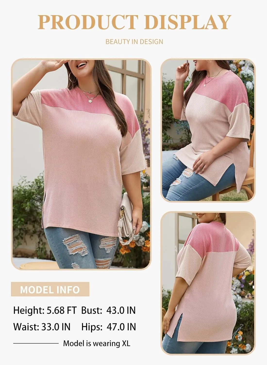 Eytino Womens Plus Size Tunic Tops Crewneck Short Sleeve Color Block Pullover Shirts (1X-5X)