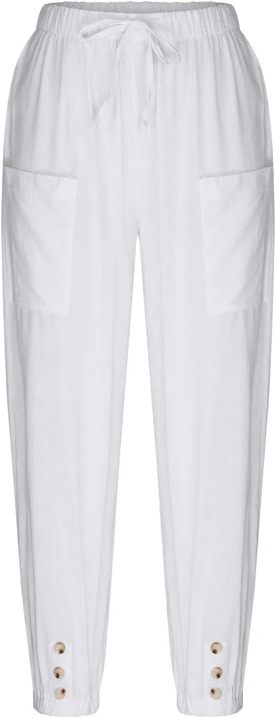 fanmpghleoo Womens Capri Pants Summer Casual Linen Pants Drawstring Waist Wide Leg Cropped Pants Trousers with Pockets