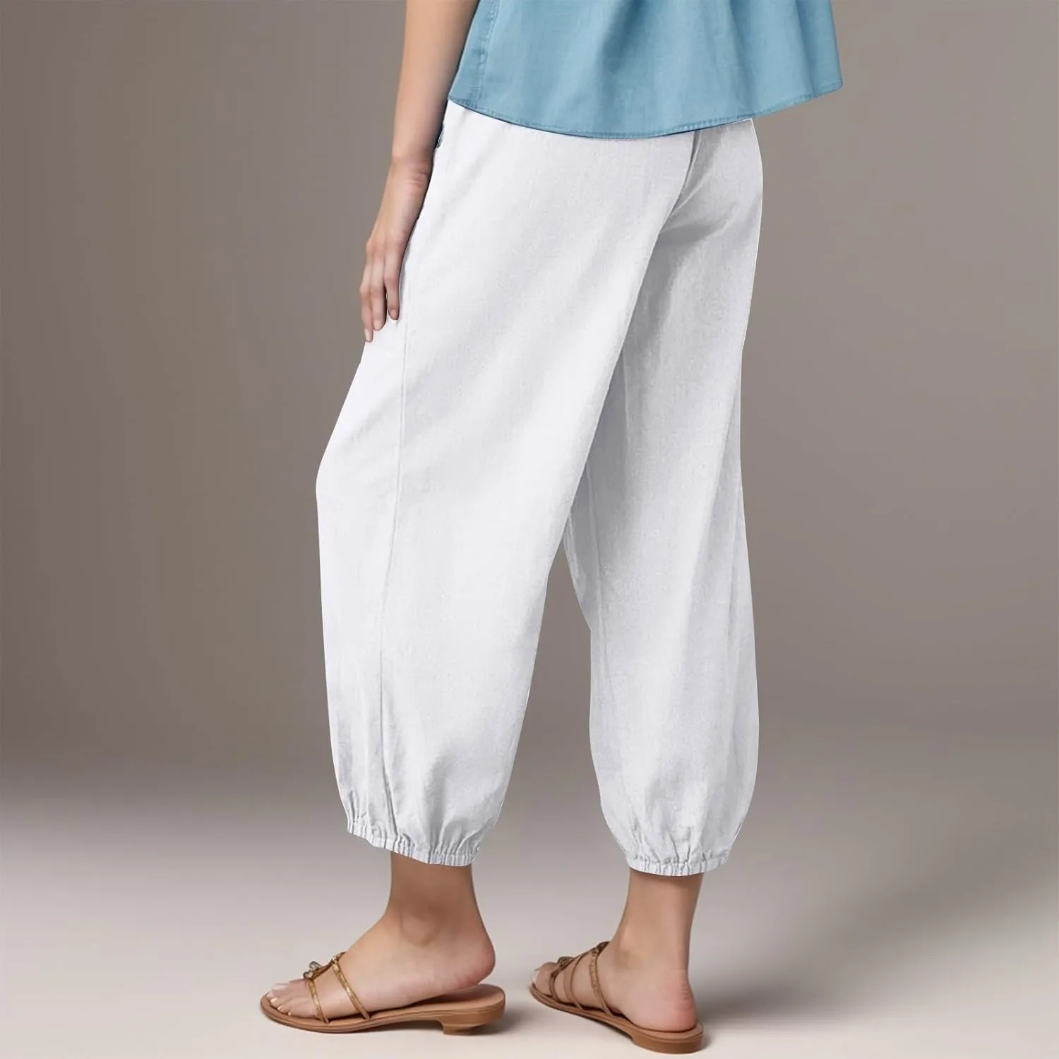 fanmpghleoo Womens Capri Pants Summer Casual Linen Pants Drawstring Waist Wide Leg Cropped Pants Trousers with Pockets