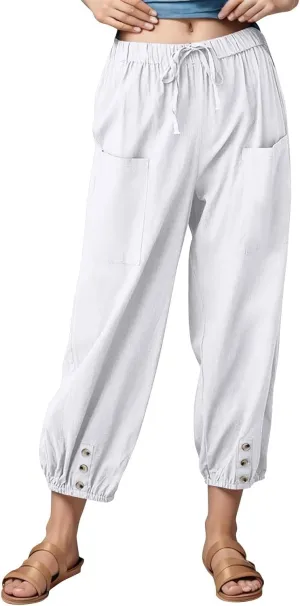 fanmpghleoo Womens Capri Pants Summer Casual Linen Pants Drawstring Waist Wide Leg Cropped Pants Trousers with Pockets