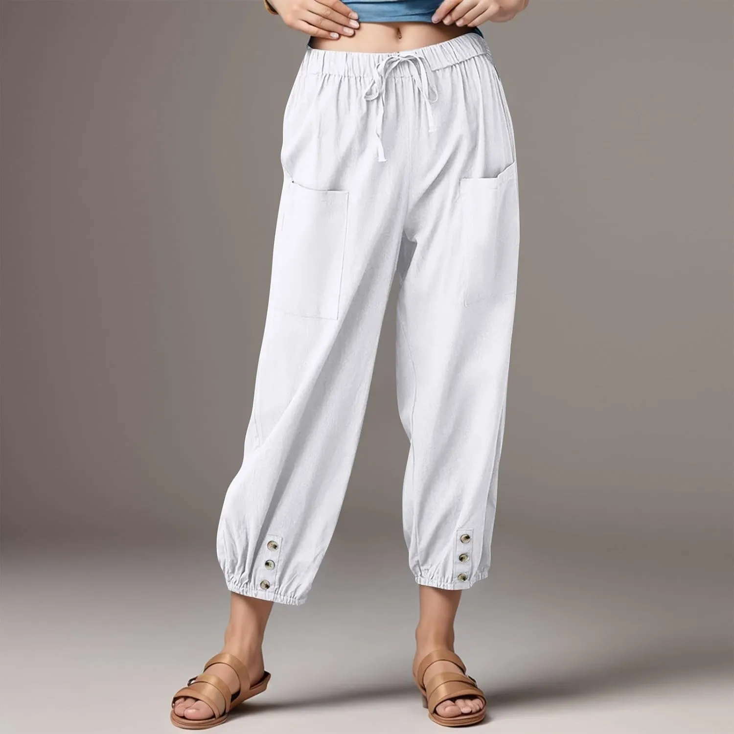 fanmpghleoo Womens Capri Pants Summer Casual Linen Pants Drawstring Waist Wide Leg Cropped Pants Trousers with Pockets