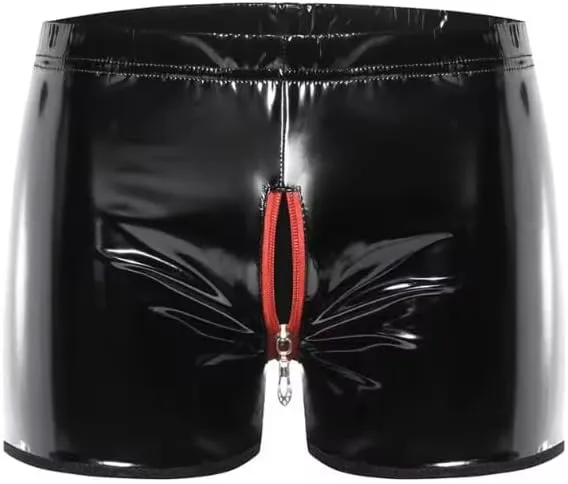 Faux PU Leather Boxershorts Zipper Open Crotch Shorts Mens Boxer Briefs Tights Trunks Underwear